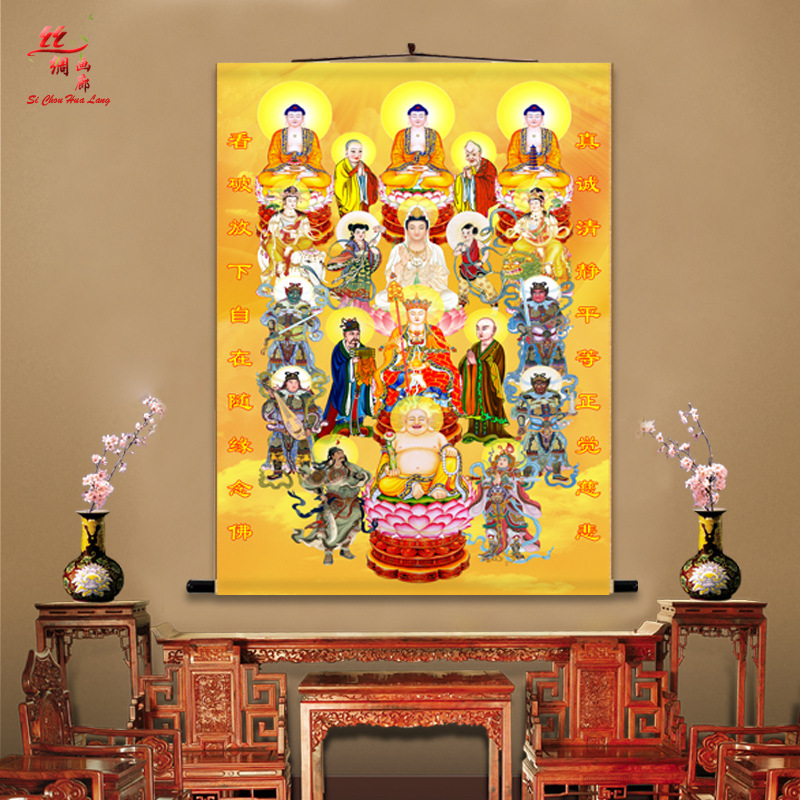 批发三尺三全堂佛像挂画佛堂全佛图供奉卷轴地藏王观音如来丝绸画