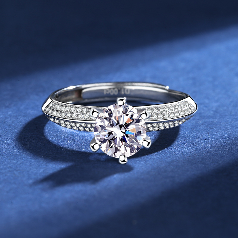 恒丽d色一克拉s925银莫桑石戒指半壁江山满镶开口可调节男女对戒