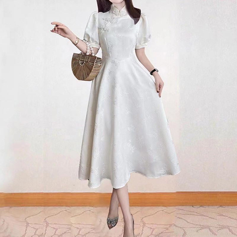 明星同款礼服新中式女装白色立领收腰裙子复古国风改良旗袍连衣裙