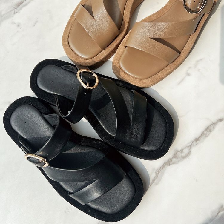 纯原东莞外贸真皮凉拖鞋女厚底增高皮带扣休闲沙滩鞋-阿里巴巴