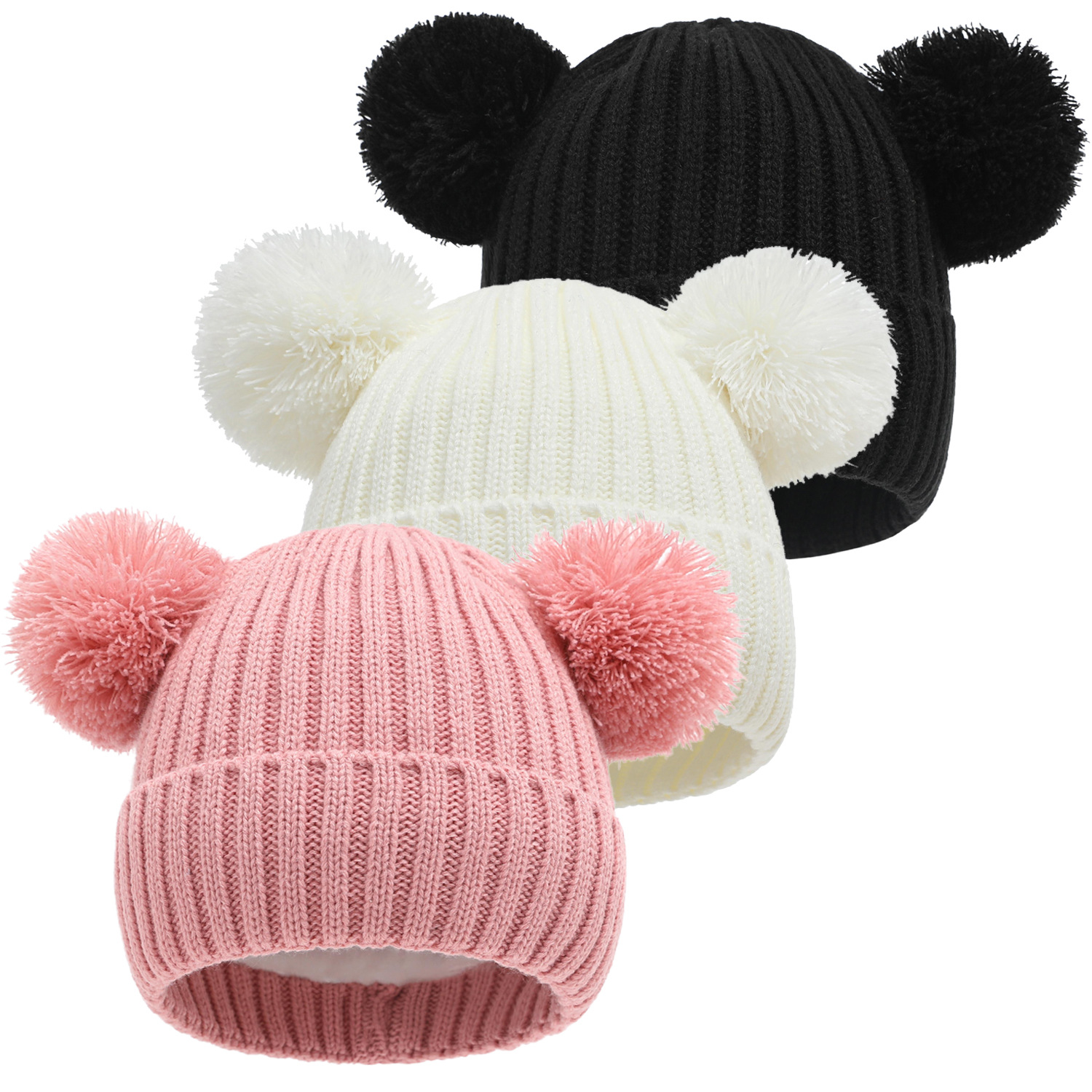 新款儿童针织帽子冬帽毛球可爱彩虹混色双球加绒 跨境电商工厂