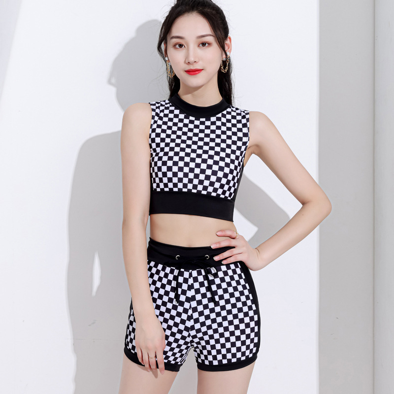 厂家直销分体黑白格背心三角平角短裤三件套露腰聚拢温泉女款泳衣