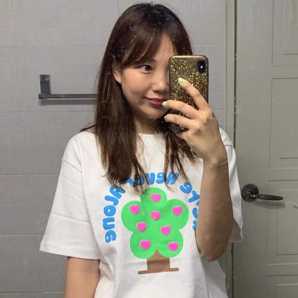 noko韩国潮牌短袖t恤趣味地球笑脸泡发宽松字母印花男女情侣款ins