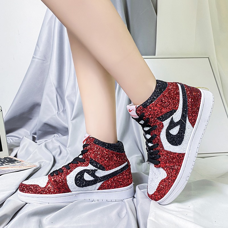 女鞋春季2021新款aj高帮板鞋空军一号钻闪红亮片时尚休闲运动鞋女