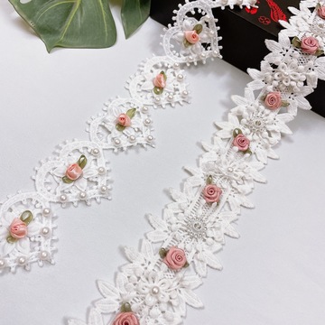 爱心立体粘花重工钉珠牛奶丝花边 童装裙边窗帘家纺装饰服装辅料-阿里