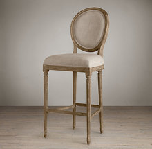 美国RH家具法式乡村复古实木餐椅新古典圆背亚麻吧凳美式别墅吧椅