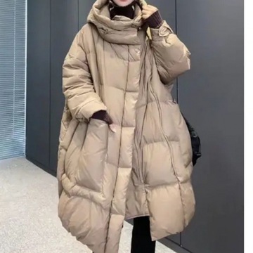 羽绒服女双拉链设计新款90白鸭绒连帽中长款韩版宽松大码加厚保暖