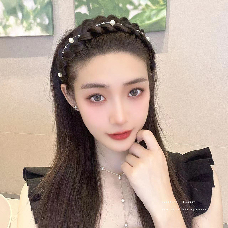 Internet Influencer Pearl Twist Braid Wig Hair Hoop Fishbone Plaits Fluffy Non-Slip Face Washing out High Skull Top Hairpin Hair Ornaments