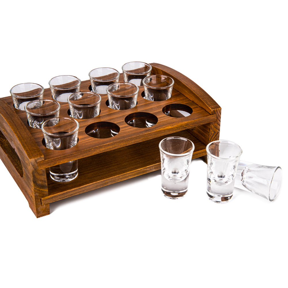 复古多色酒杯12个装圆形方形透明水晶子弹杯实木托盘套装亚马逊专
