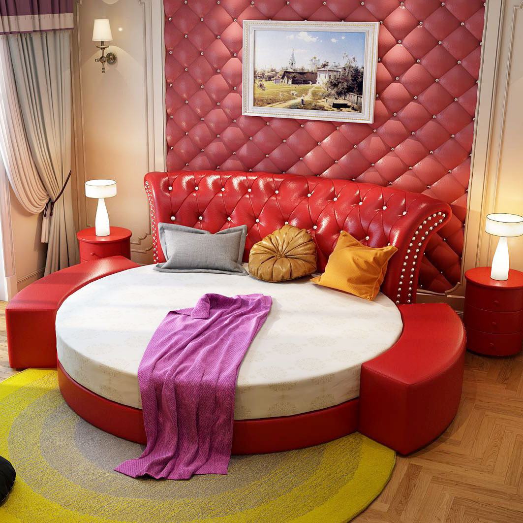 圆床双人床轻奢皮床多功能情侣床现代简约科技布酒店布艺床储物