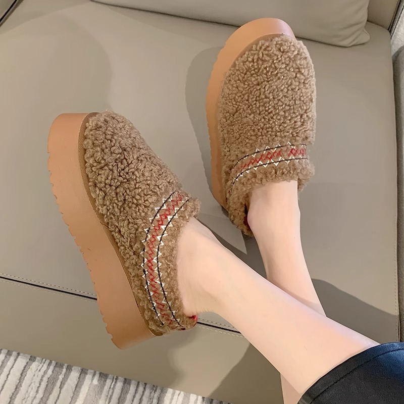 Thick Bottom Toe Cap Half Slippers Women's Autumn and Winter 2023 Fur Integrated Lamb Wool Fleece-lined Warm Slip-on Cotton Shoes