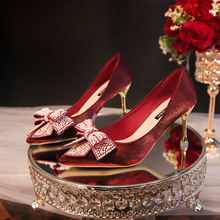 婚鞋女2024新款新娘鞋酒红色秀禾婚纱两穿高跟鞋法式结婚敬酒红鞋
