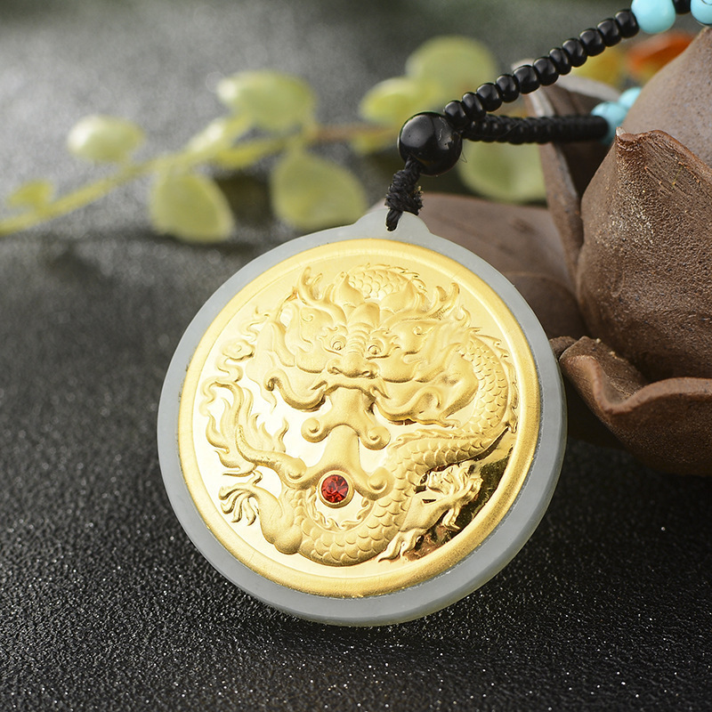足金和田金镶白玉龙牌吊坠 游龙戏珠吊坠 男款霸气青龙玉牌吊坠