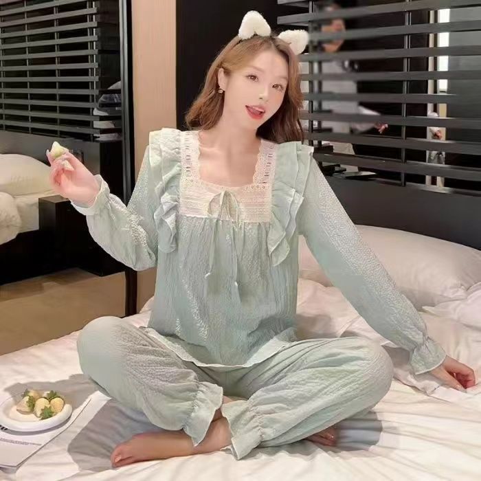 Pajamas Women's Long-Sleeved Spring/Summer Autumn Pastoral Style Home Wear Large Size Princess Style Bubble Cotton Yarn Suitable for Daily Wear Suit