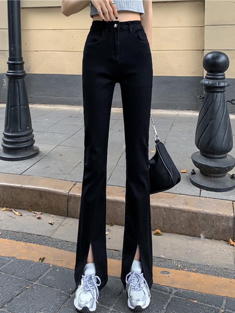 黑色开叉微喇叭裤牛仔裤女春秋2022年新款裤子高腰小个子显瘦长裤
