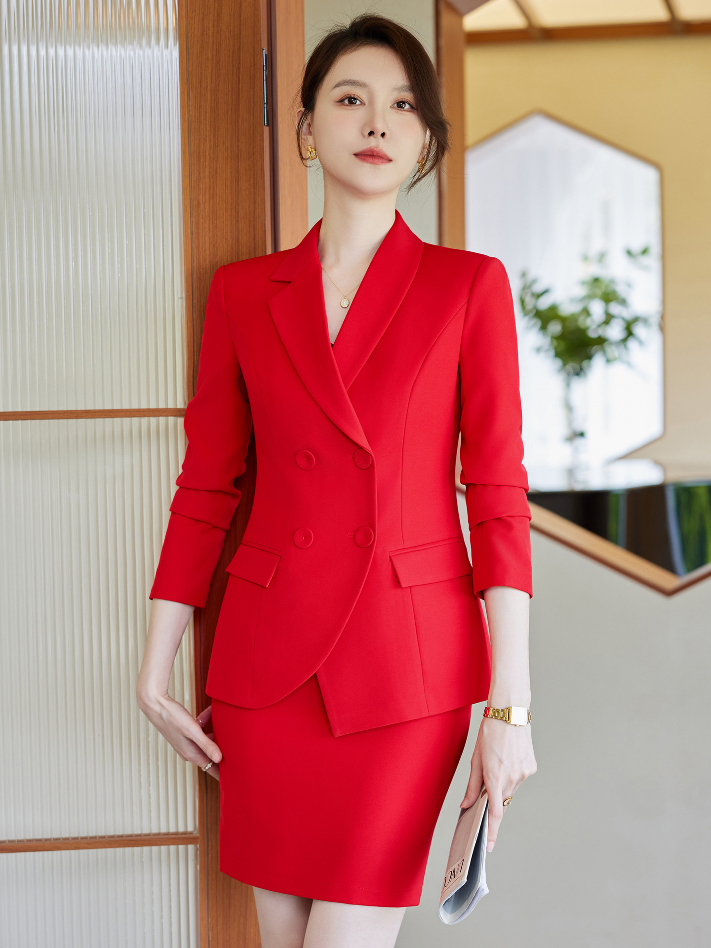 微弹双排扣气质职业套装女长袖白领导师主管西服套裤套裙正装工服