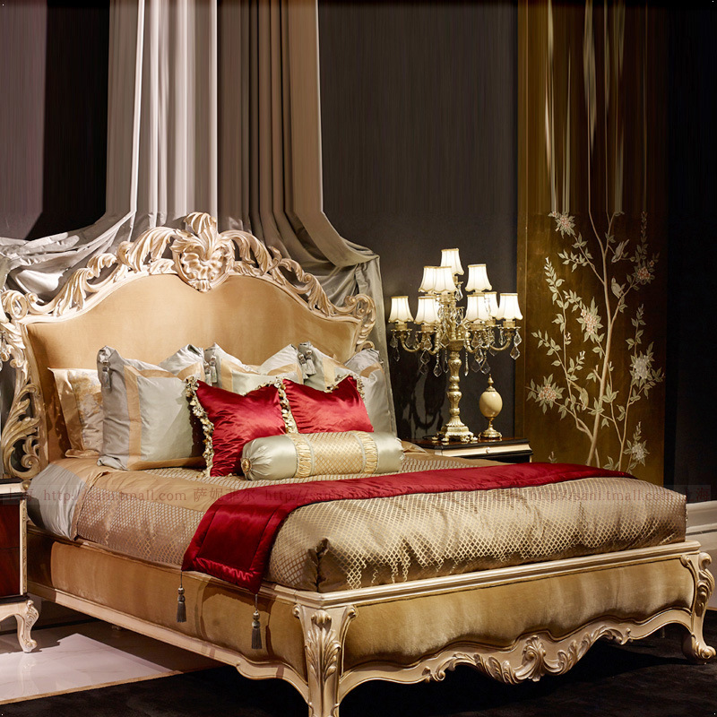 欧式复古实木床法式宫廷新古典皇后床 英式布艺软包双人雕花床
