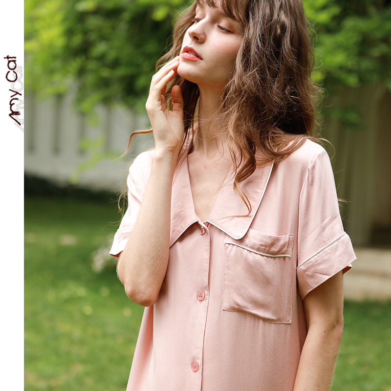 Spring and Summer Rayon Satin Home Solid Color Short-Sleeved Shorts Pointed Collar Two-Piece Suit Women's Pajamas Multi-Color Optional 8T