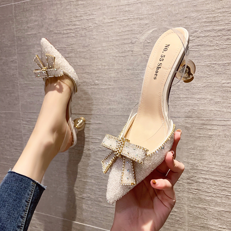 6111-2 European and American Sexy Pointed-Toe Bowknot High Heels Internet Hot Rhinestones Sandals Hollow out One-Word Transparent Strap Women's Shoes
