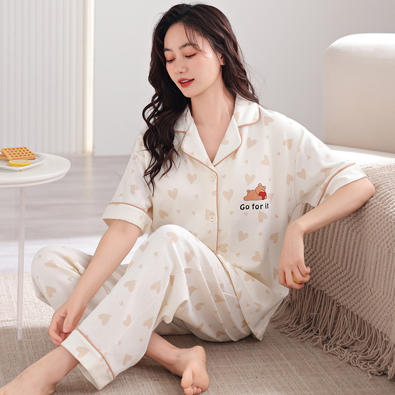 Spring and Summer Suit Pajamas 2024 New Spring and Autumn Long-Sleeved Women's Large Size Cotton Home Wear Can Be Worn outside Women's