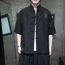 中国风刺绣棉麻衬衫男短袖夏季新款新中式复古唐装亚麻居士服男装
