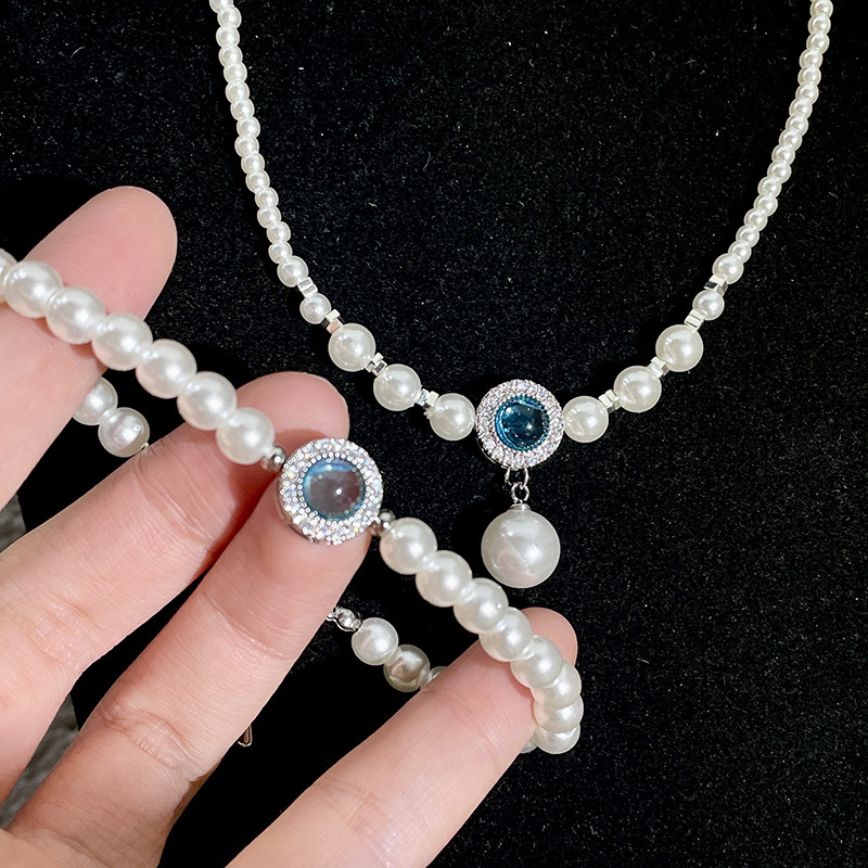 少女感蓝色水晶手链珍珠串珠项链女轻奢小众气质颈链高级感锁骨链