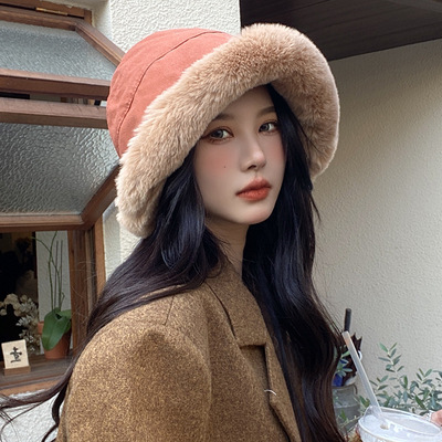 Autumn and Winter Thickening Plush Warm Fisherman Hat Women's Cold-Proof Windproof Earflaps Bucket Hat Northern Winter Curling Mongolian Hat