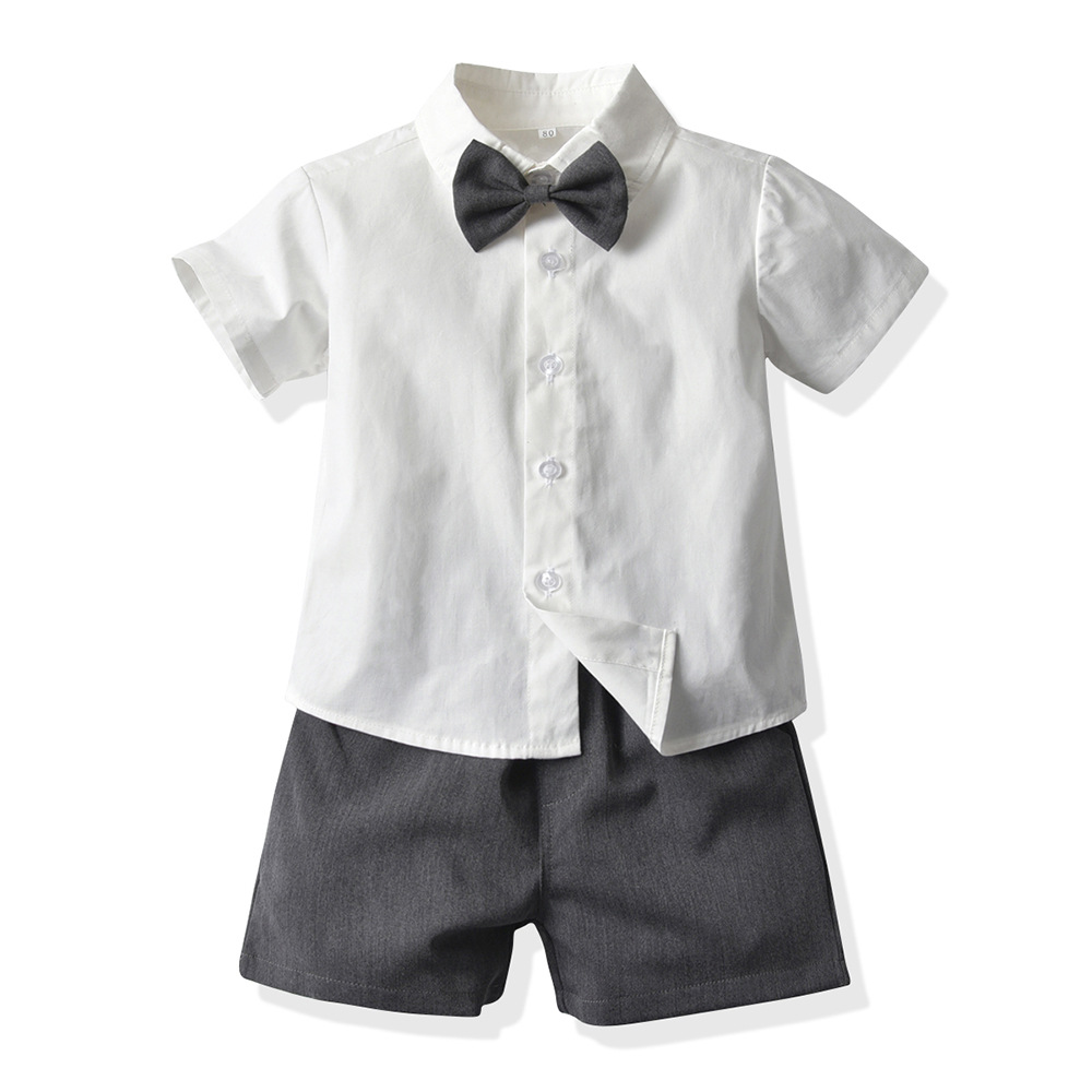 Children's Clothing Summer Children's Short-Sleeved Cotton White Shirt Suspender Bow Dress Wholesale Boys' Suit