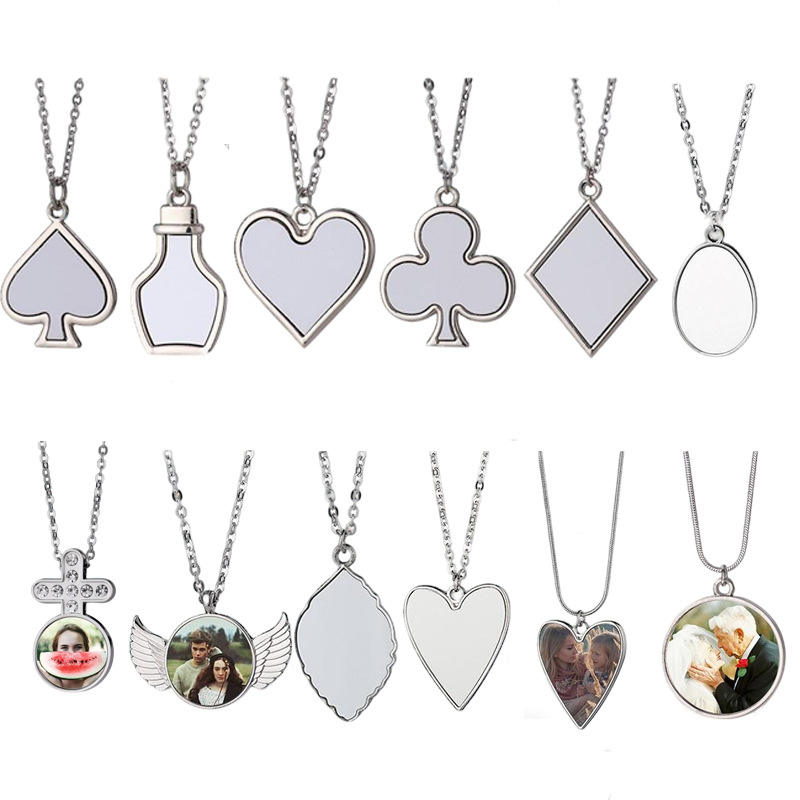 跨境热转印空白吊坠项链  桃心梅花心形   树叶 圆形纪念礼物项链