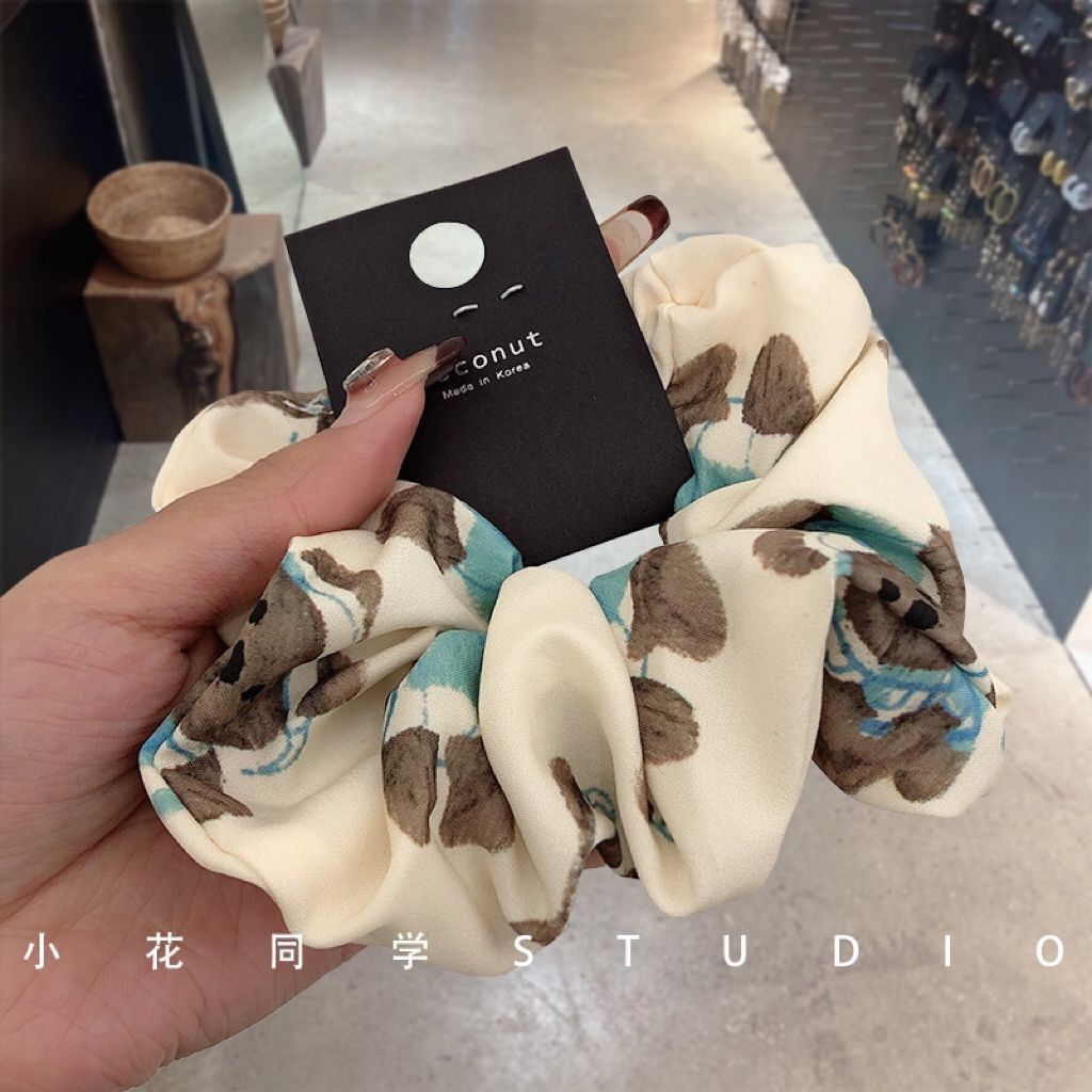 韩国发饰2024新款精致浅黄色蓝色小熊印花发圈大肠圈发绳头绳头饰