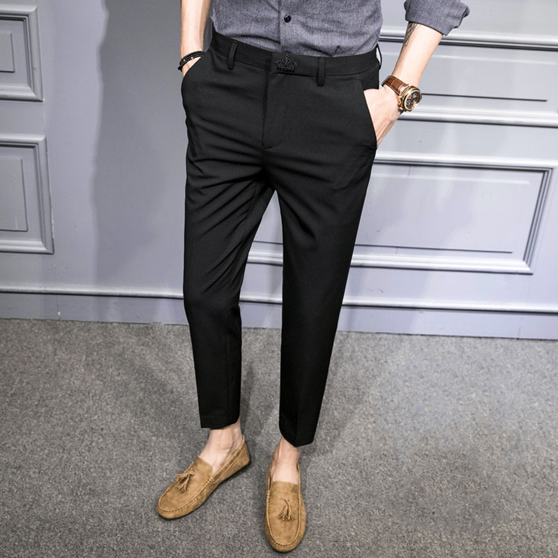 Suit Pants Men's Cropped Pants Suit Pant Business Casual Tappered Straight Suit Pants Korean Style Slim Fit Cropped Trendy Spring
