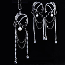 925银针戴珍珠耳环的少女ins风夸张欧美法式长款流苏耳坠项链套装