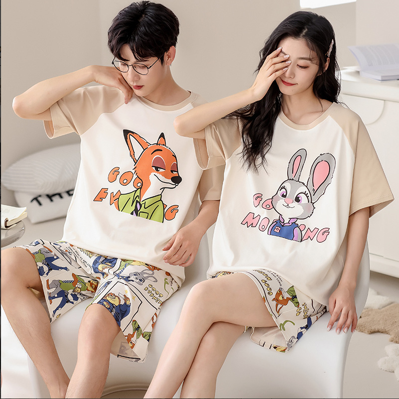 Couple Pajamas Pure Cotton Short Sleeve Short Pants Summer Men's and Women's Sweet Cute Cartoon plus Size Can Be Outerwear Homewear Suit