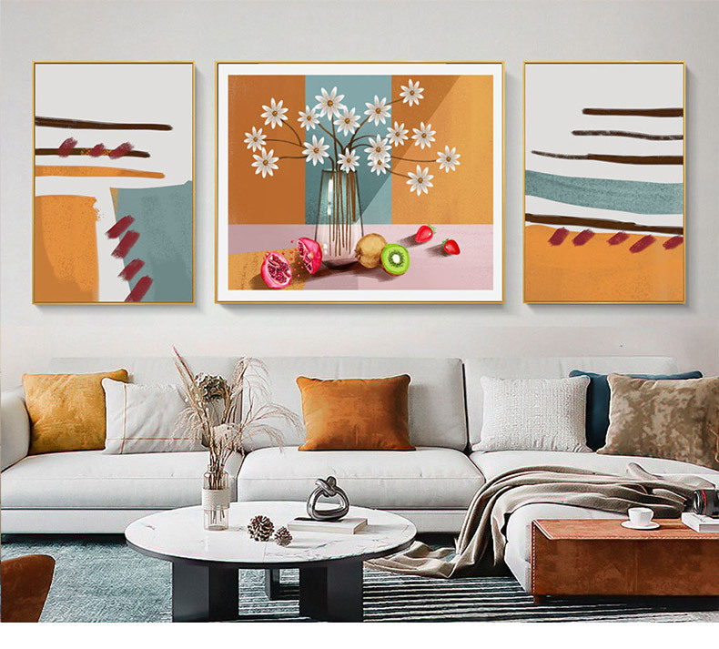 暖色系客厅沙发装饰三联画北欧现代挂画背景墙壁画创意简约晶瓷画