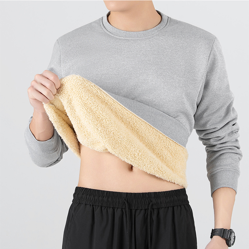 跨境欧码加绒加厚圆领卫衣男士冬季羊羔绒休闲上衣长袖T恤打底衫