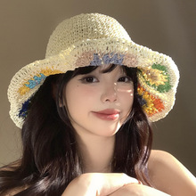 夏季遮阳法式花朵镂空编织草帽女防晒渔夫帽海边沙滩度假太阳帽子