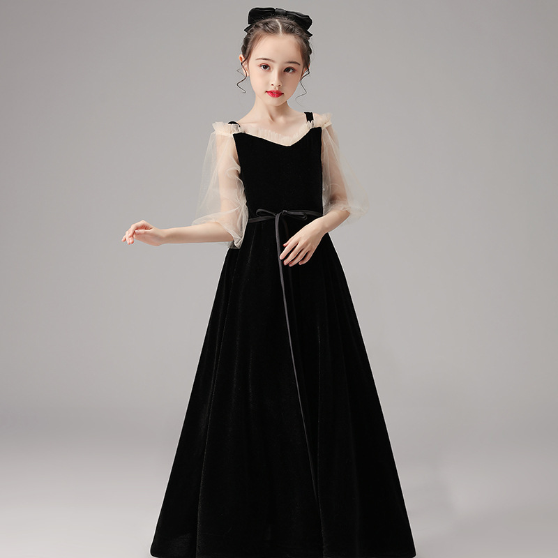 儿童礼服女童钢琴演奏演出服生日晚礼服洋气高端黑色主持人礼服裙