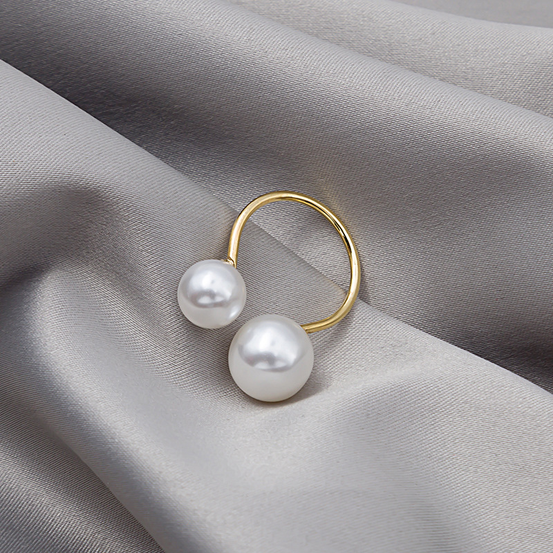 J588 South Korea Ring Size Open-End Pearl Ring Minimalist Exaggerated Ring Double Pearl Ring for Women