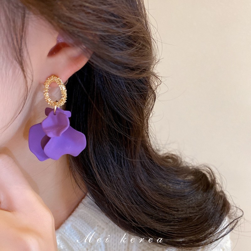 Silver Needle Vintage Purple Diamond Flower Heart-Shaped Tassel Earrings Female Fashion Sweet Stud Earrings High-Grade Earrings Wholesale