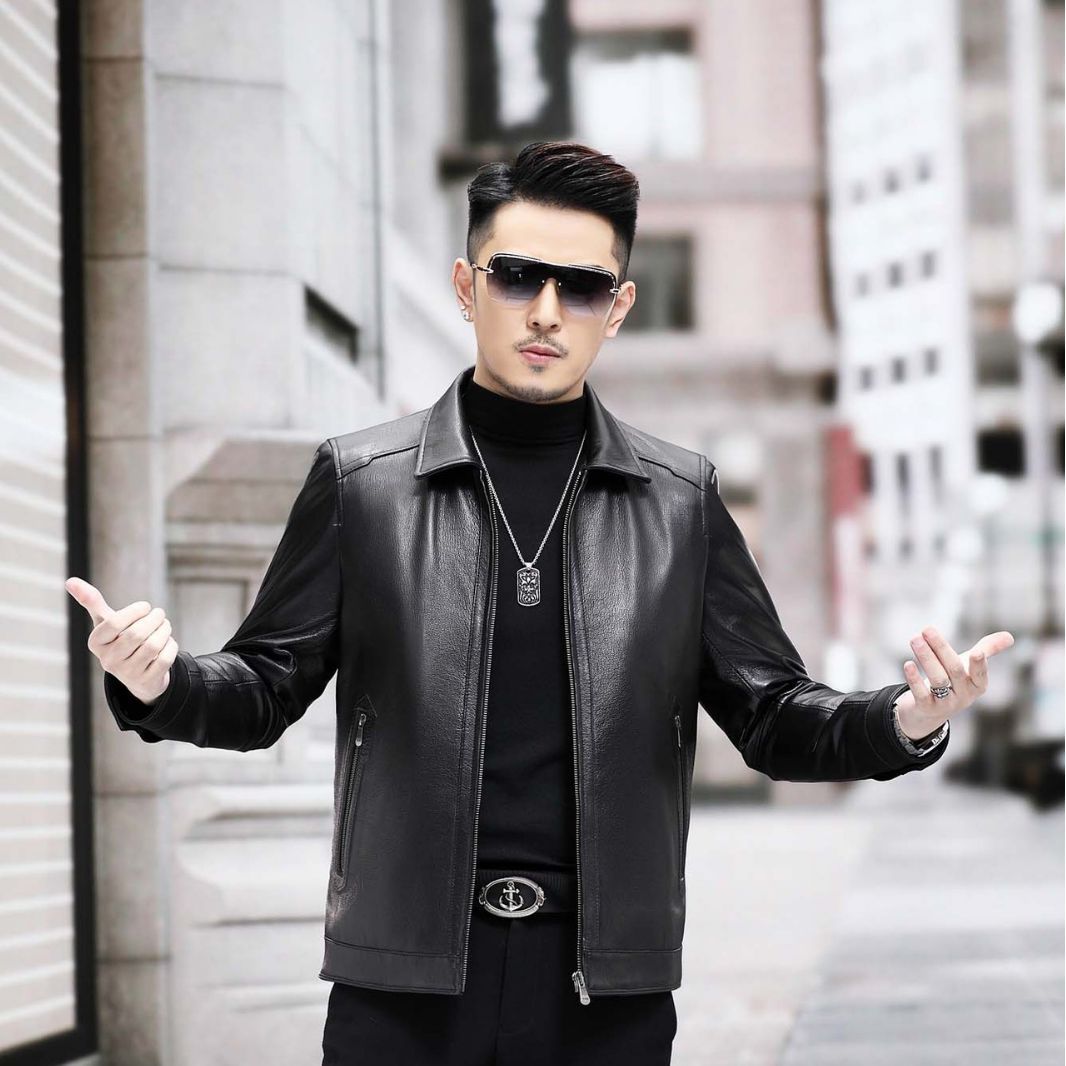 新款头层小山羊皮真皮皮衣男士翻领真皮夹克男秋时尚海宁一件代发
