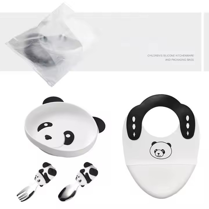 宝宝儿童硅胶餐盘 套装带勺叉围兜卡通熊猫辅食盘子 喂养餐具套装