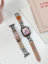 适用于applewatch8苹果手表iwatch567表带SE皮质拼金属链条华夫格