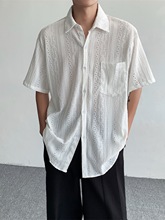 日系复古镂空短袖衬衫男夏季港风ins潮流宽松小众设计感纯色衬衣