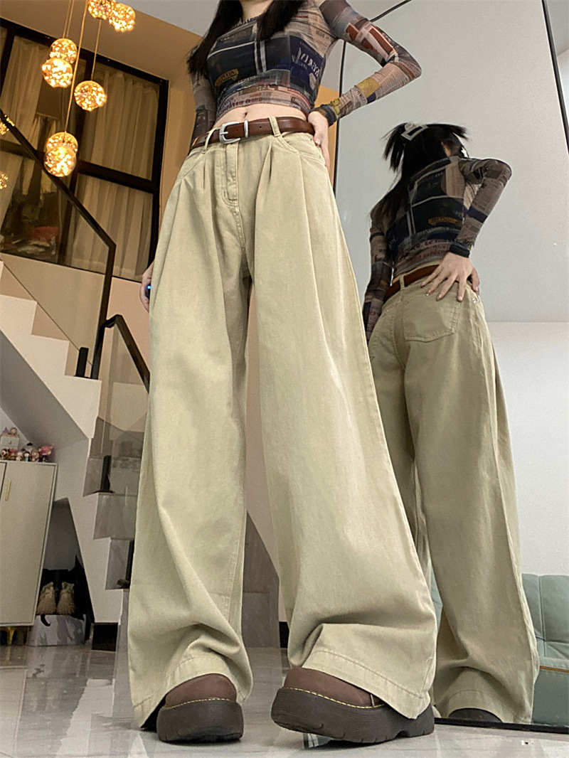 Khaki Casual Pants Women's Denim Mop Pants  New High Waist Slimming Loose Straight Wide Leg Pants Long Pants