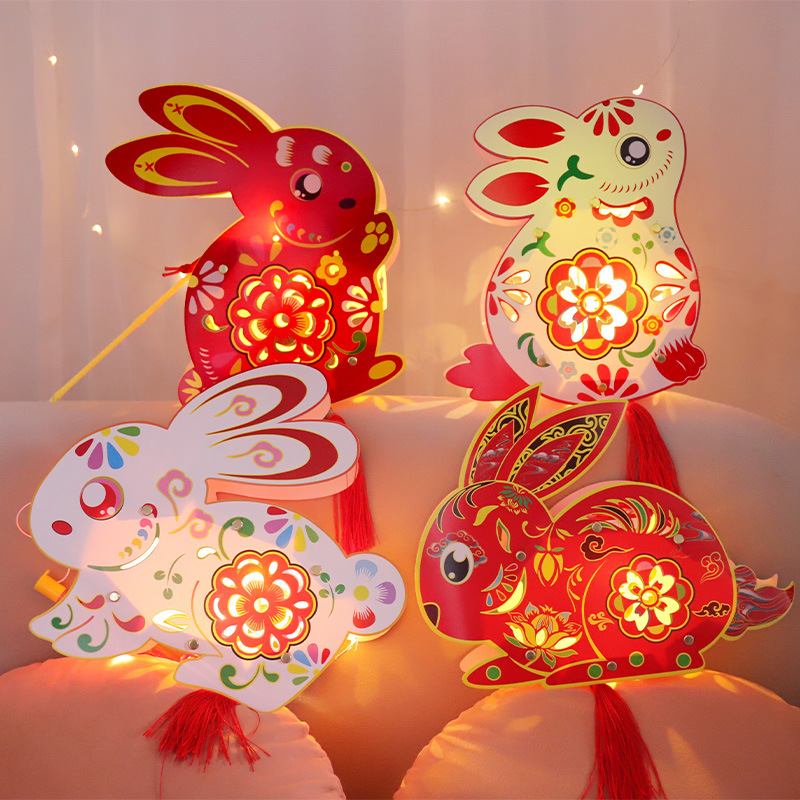 新款中秋节兔子灯笼手工制作花灯儿童手提古风发光diy材 纸 装饰