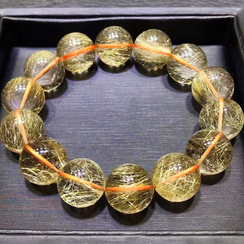 Hair Crystal Bracelet Natural Brazil Old Mine Gold Rutilated Quartz Bracelet Men's and Women's Fashion Rutile Full Dense Hair Crystal Yellow Hair Crystal