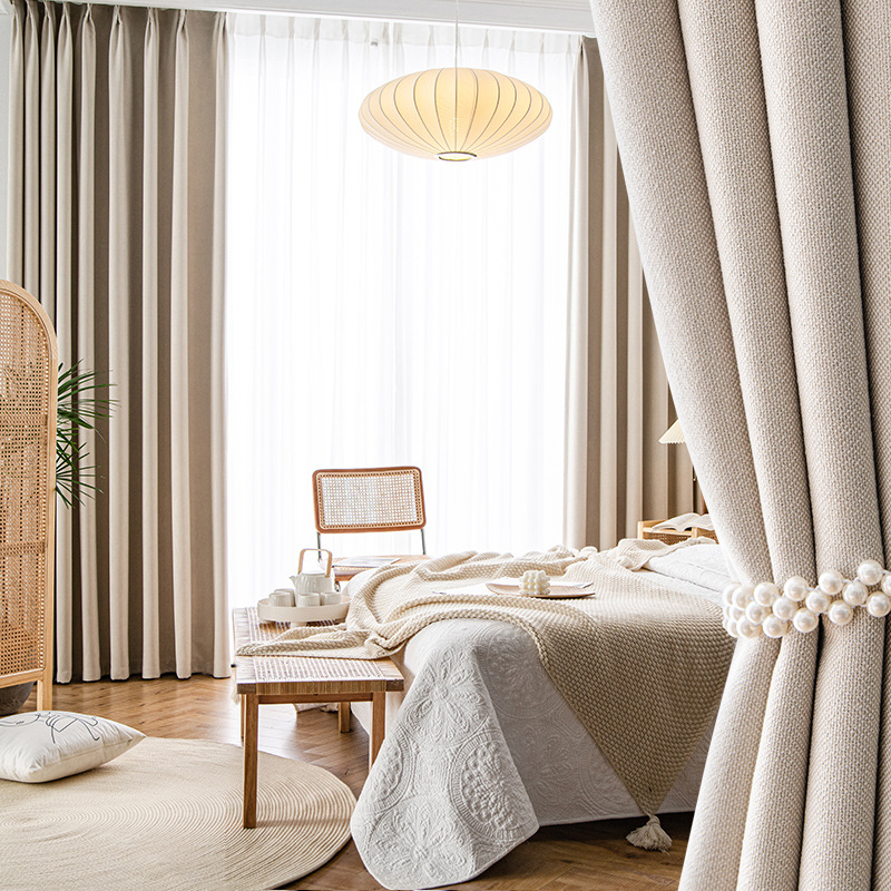 法式奶油色窗帘布ins风卧室全遮光小红书2022年新款日式棉麻窗帘