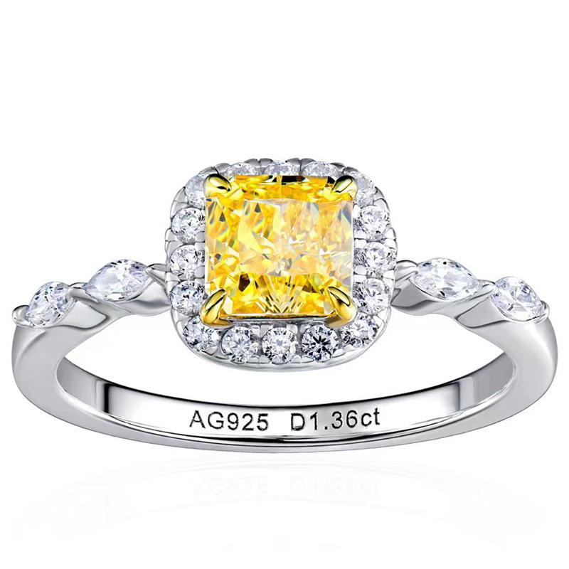 方形黄钻1克拉豪华围镶高碳钻石戒指女银18k金仿真钻招财彩钻