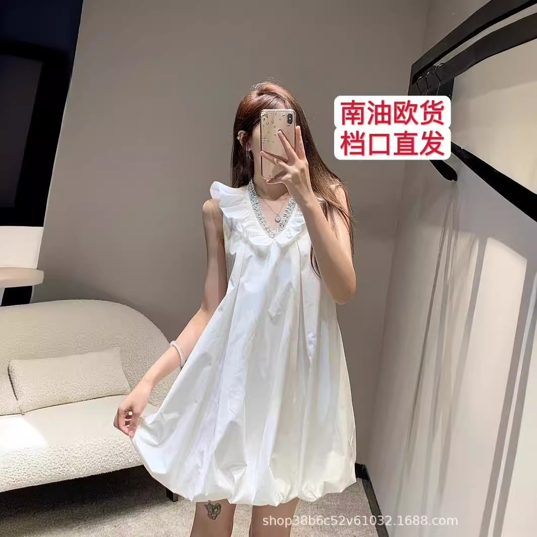 【南油小雪儿高端女装】24新款甜美减龄订钻珍珠荷叶边花苞连衣裙