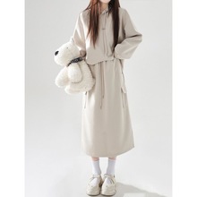 加绒加厚秋冬新款韩版小众设计感时尚套装女连帽卫衣长裙两件套潮